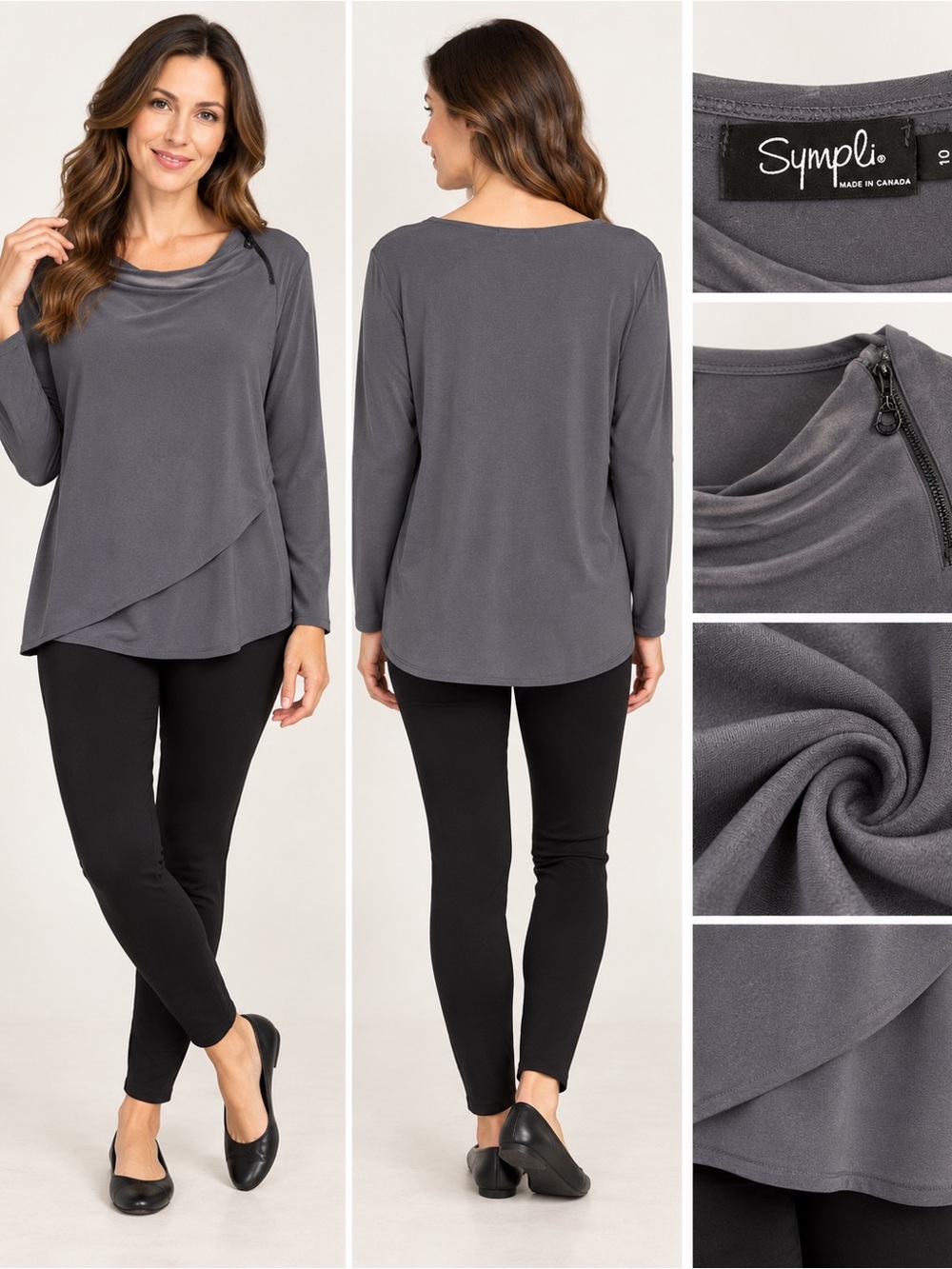 Sympli Long Sleeve Asymmetrical Overlay Top in Charcoal Gray Size 10 Travel